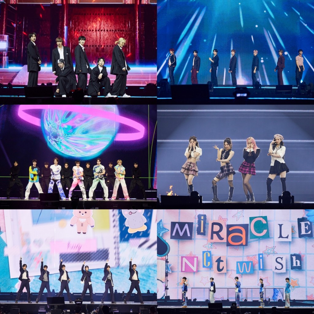 SMTOWN LIVE 2025 คอนเสิร์ตที่กรุงโซล (เริ่มจากบนซ้าย NCT 127, NCT DREAM, WayV, aespa, RIIZE, NCT WISH)